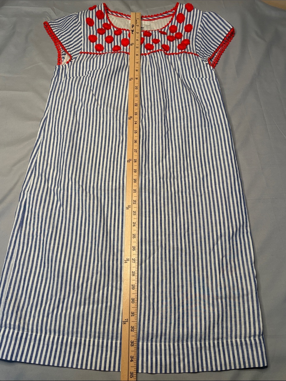 Boden Blue and White Striped Dress with Red Pom Accents Size 2 2R - Picture 4 of 11